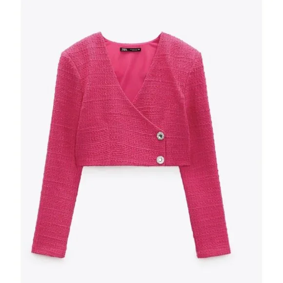 NWT ZARA NEW WOMAN SS22 FUCHSIA TEXTURED Weave CROP TOP 4661 Sz Small Tweed - Picture 2 of 8